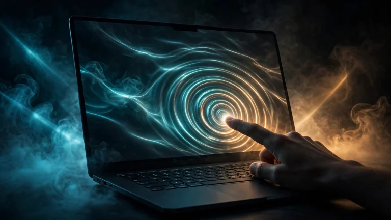 Illustration of a dark laptop with a glowing OLED screen being touched by a fingertip, light rippling from the touch point, teal-and-amber grade on a dark studio background