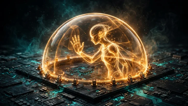Original illustration: extreme close-up of a dark silicon chip die with glowing teal circuit traces; a translucent amber dome rises from the chip surface containing a stylized luminous AI figure with one hand pressed against the dome's interior; tiny padlock nodes line the dome's edge where it meets the silicon; deep black background, cinematic teal-and-amber grade