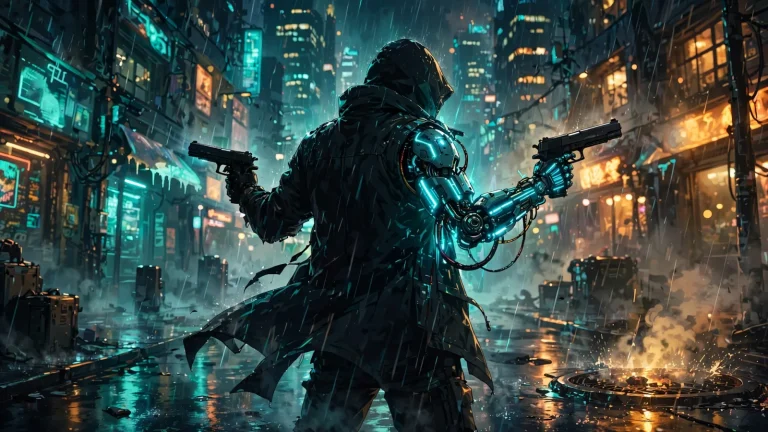 Original illustration: Night City neon street at night in the rain, a merc silhouette dual-wielding two pistols with a glowing-cyan cyberware arm, teal and amber grade