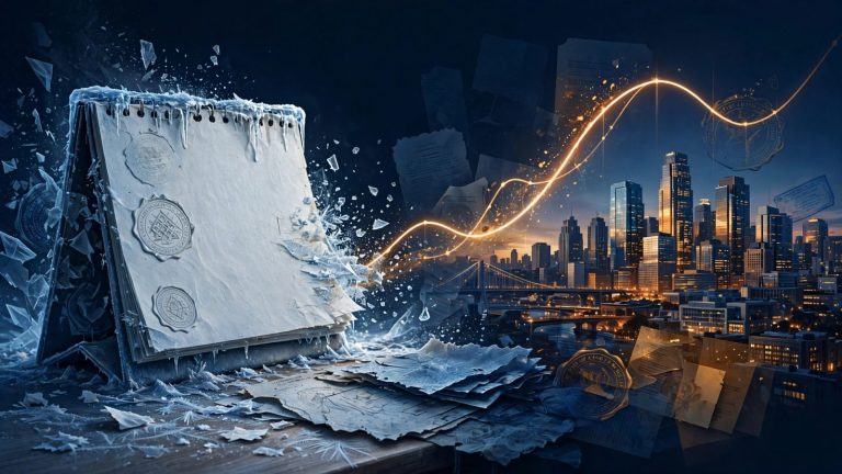 Editorial illustration of a frozen 1998 desk calendar dissolving into a modern US city skyline at dusk, a rising wage-trend line arcing between the two halves in deep navy and amber