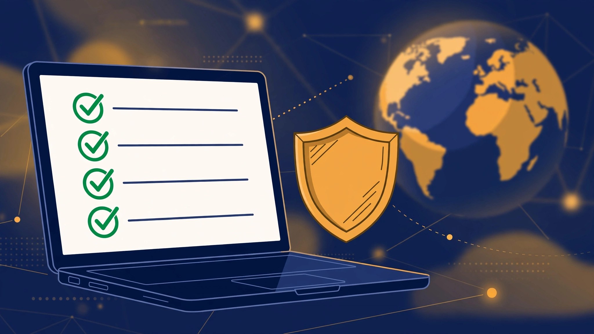 Illustration of a laptop showing a generic checklist with four green checkmarks, a shield icon beside it, and a globe in the background