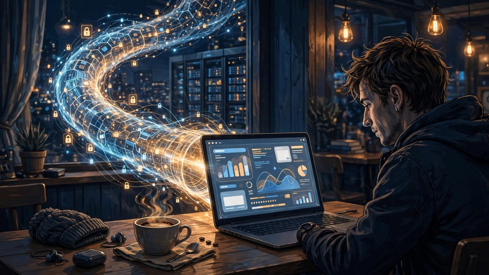 Illustration of a person at a cafe table with a laptop showing a generic banking dashboard, a glowing encrypted tunnel running from the laptop to a distant server, and a coffee cup beside it