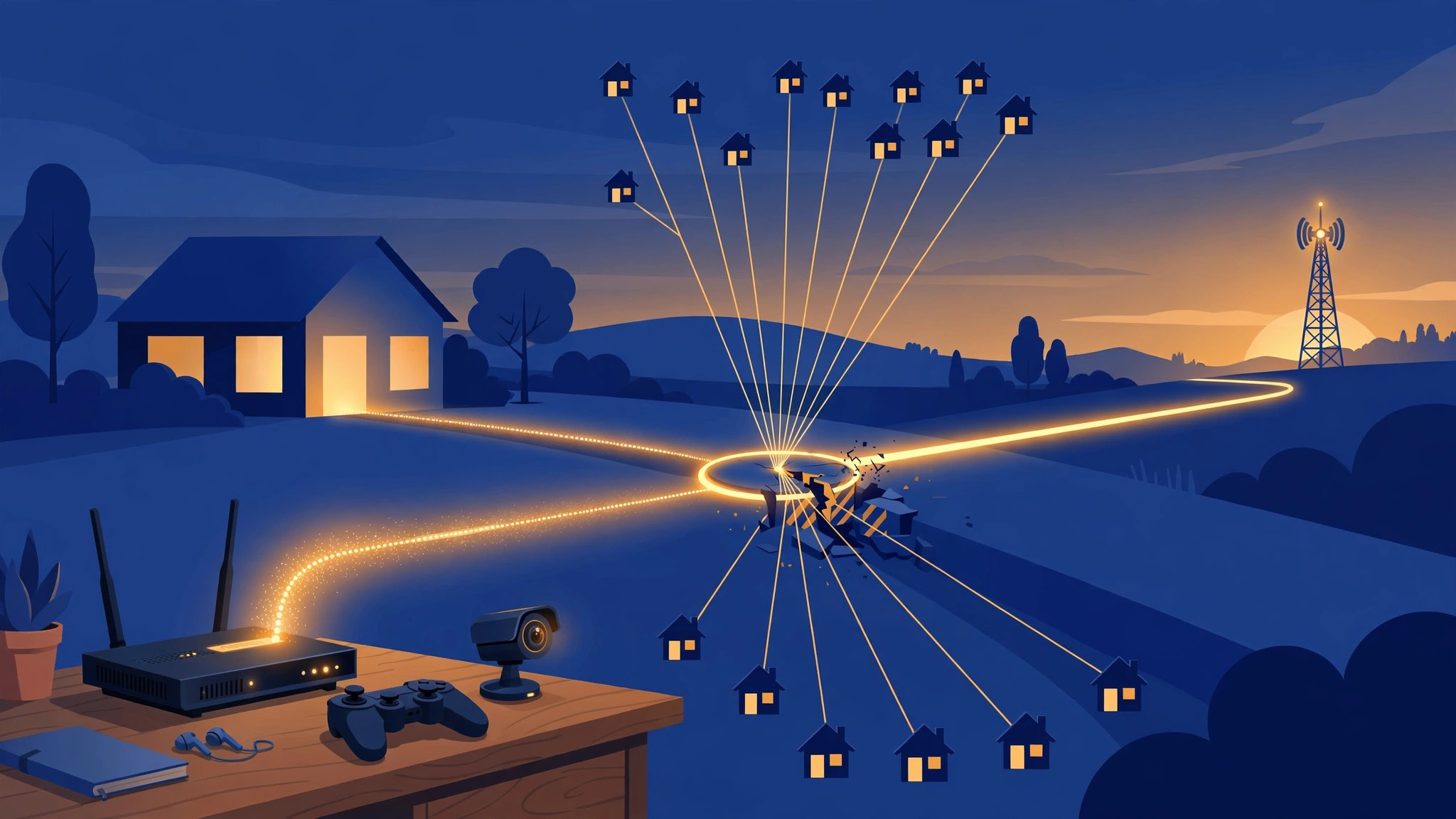 Illustration of a home router on a desk with a game controller and a security camera beside it, a signal path drawn from the house to a mobile tower, and a visible shared-address junction in the middle where many houses' lines converge into one