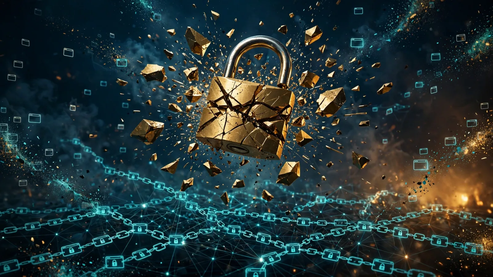 Original illustration: a cracked golden padlock shattering over a dark web of glowing certificate chains, browser windows dissolving into particles, deep-blue night background with amber warning light, teal and amber grade