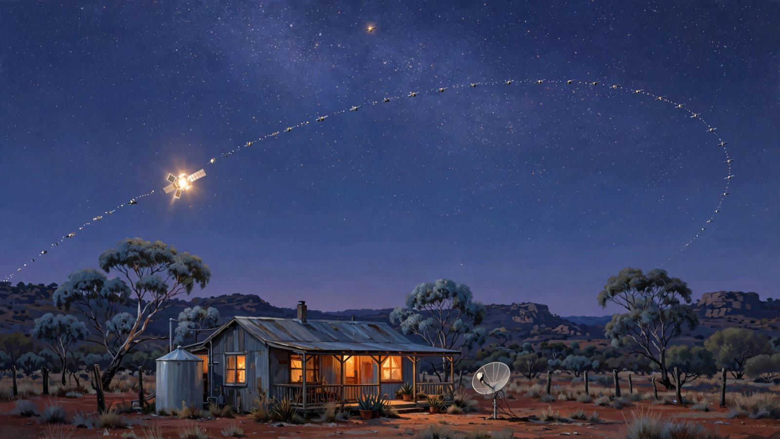 Illustration of a remote Australian homestead at dusk with a satellite dish beside the house and a trail of low-orbit satellites arcing across the starry sky