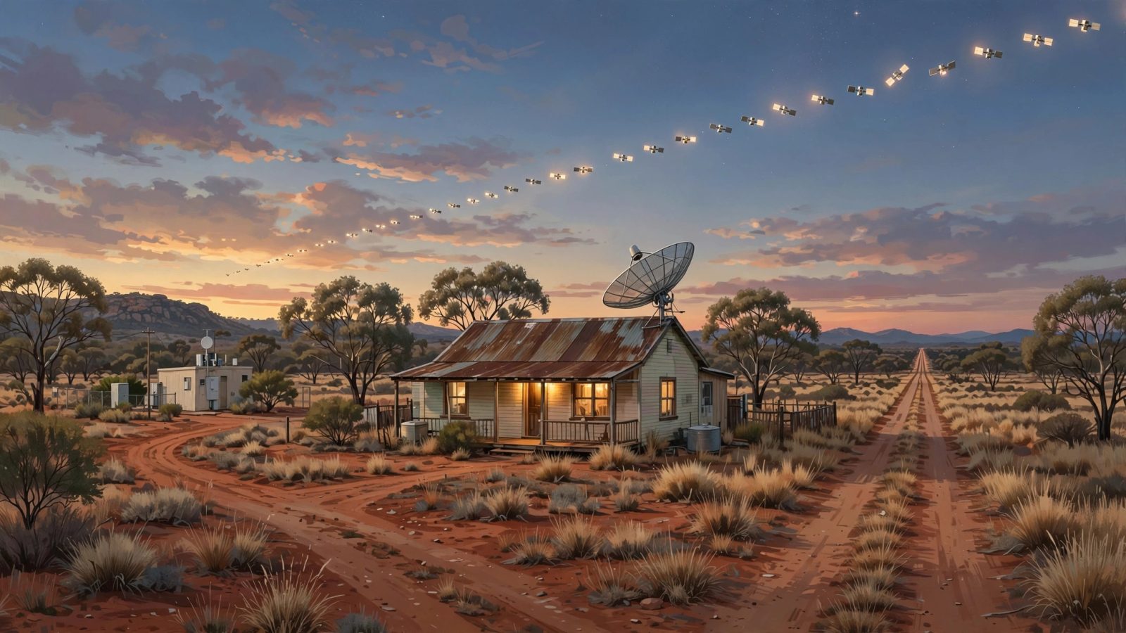Illustration of a remote Australian homestead at dusk with a satellite dish on the roof pointing at a trail of low-orbit satellites, and a small exchange building nearby