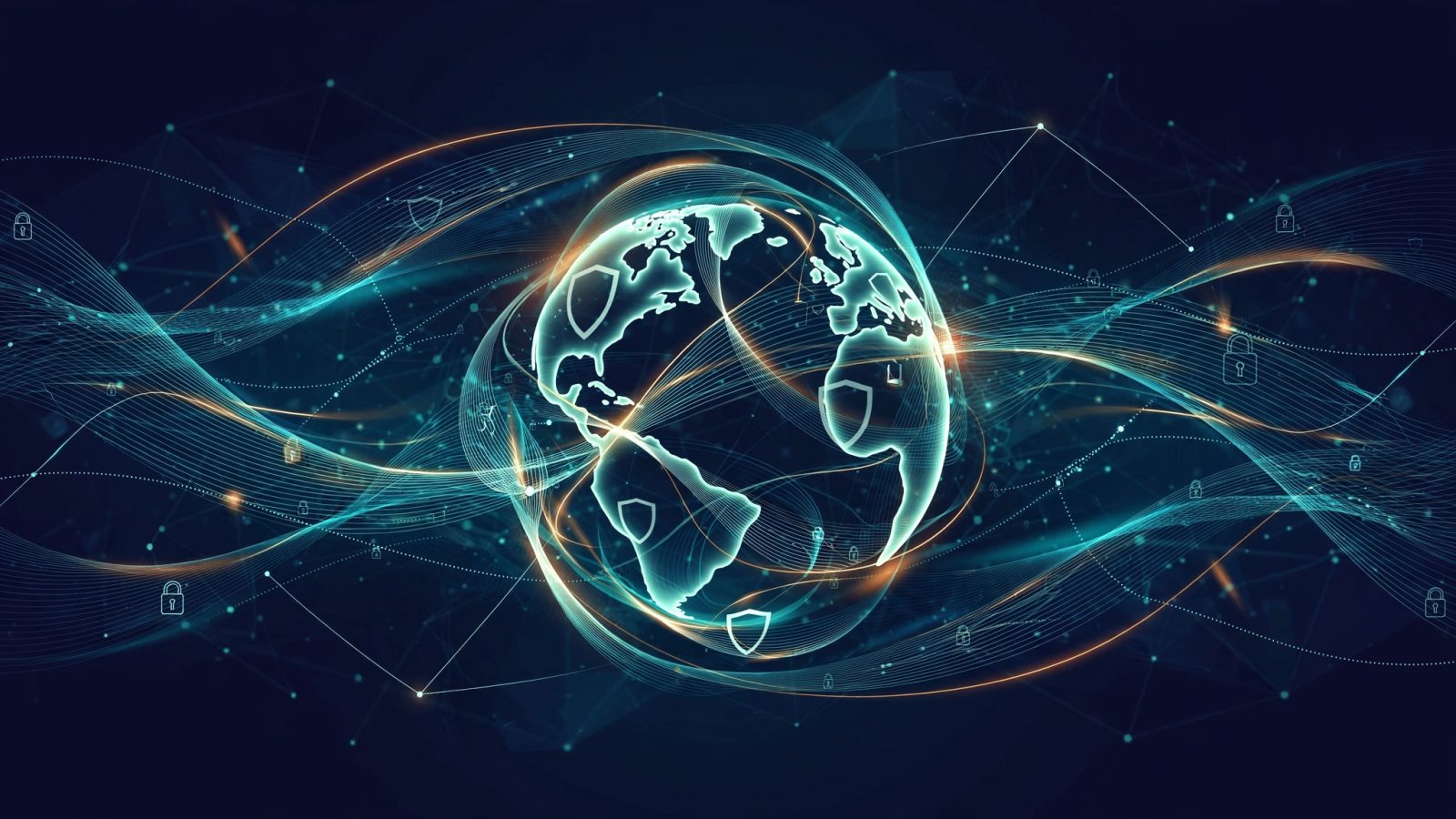 Illustration of a glowing globe formed by flowing encrypted data streams in teal and amber, with shield and padlock motifs woven into the streams on a deep navy background