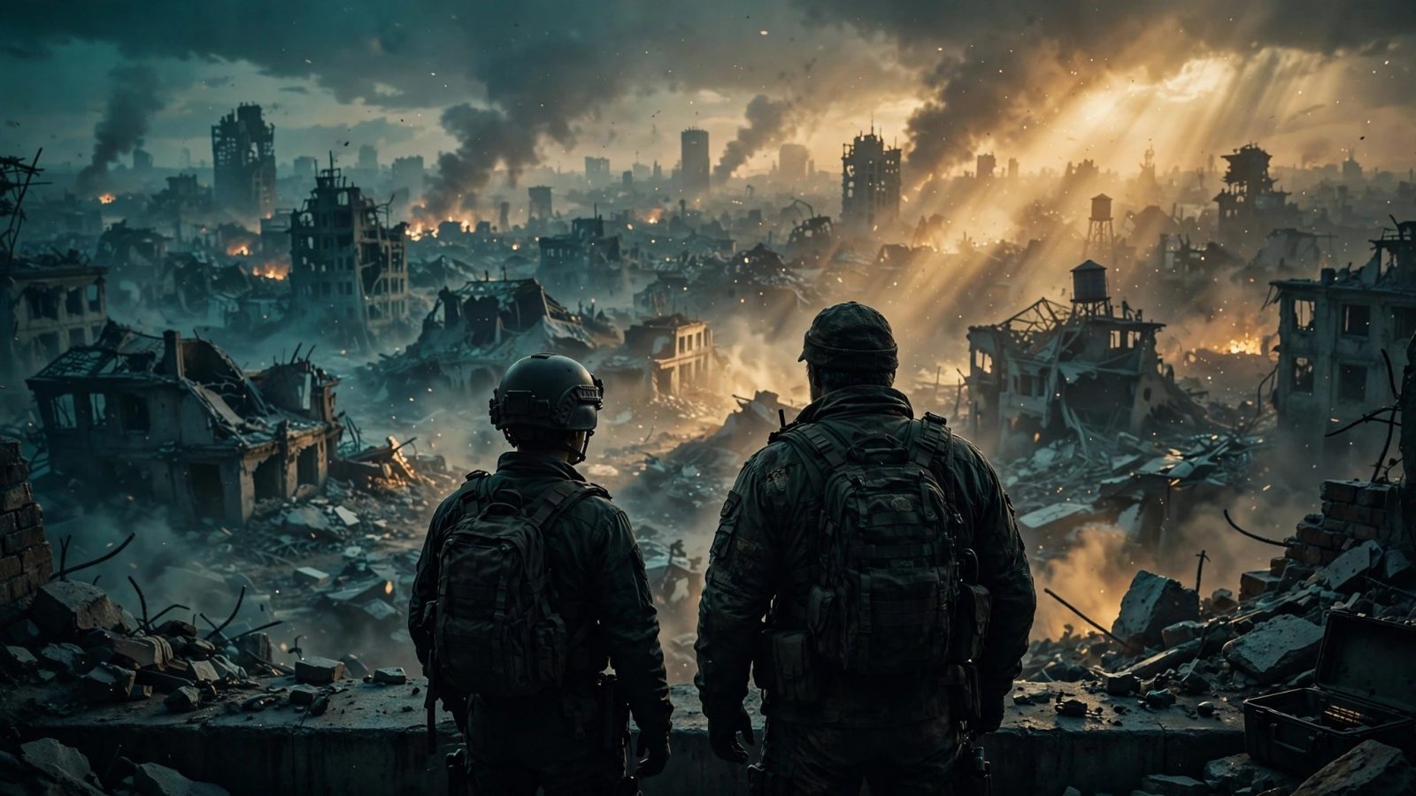 Original editorial illustration of two soldier silhouettes viewed from behind looking across a war-torn cityscape at dusk, teal-and-amber grade, dark photorealistic 3D render