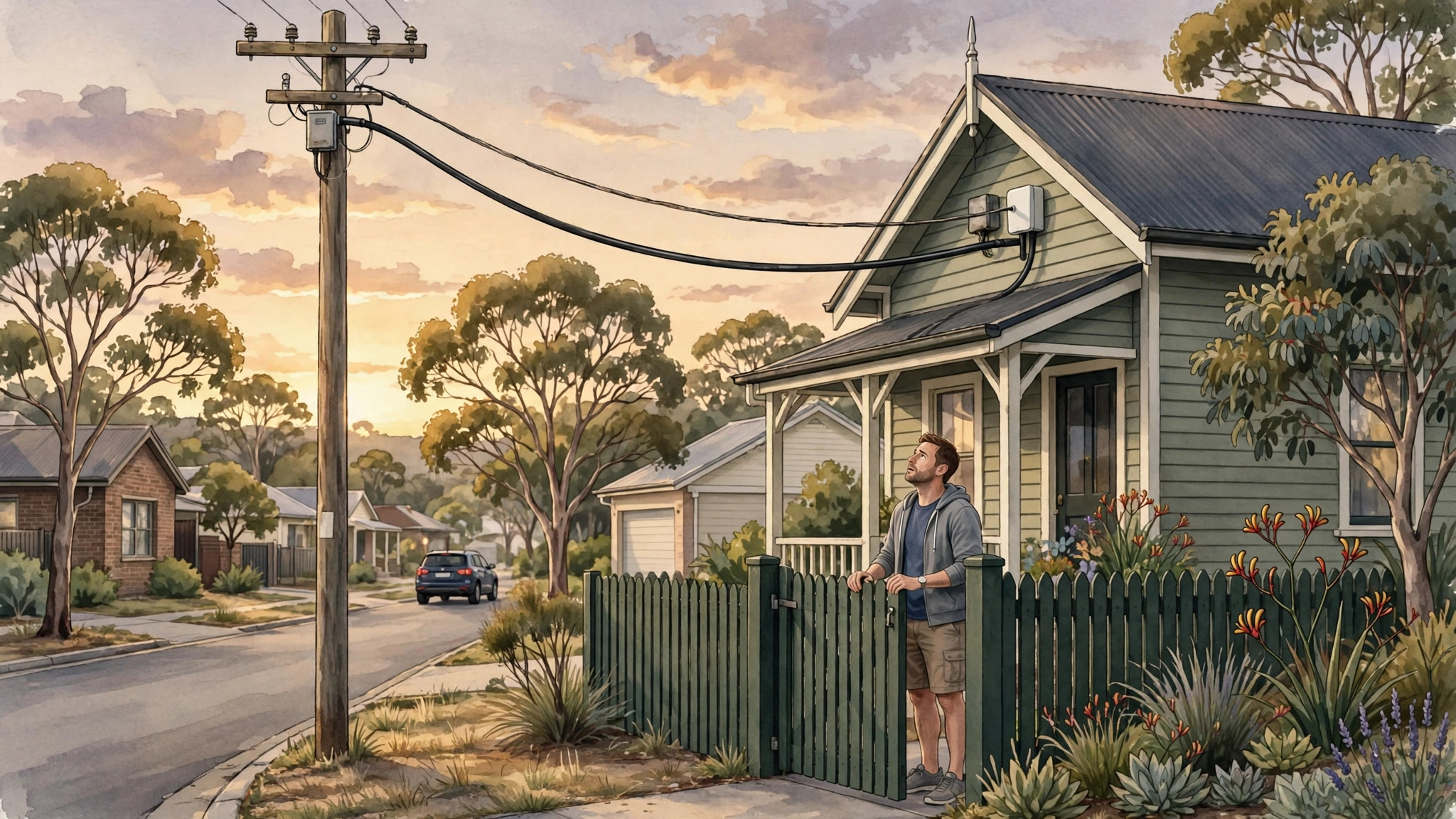 Illustration of an Australian suburban street at dusk with two fibre lines running to a house, and a homeowner at the front gate looking up at the lines