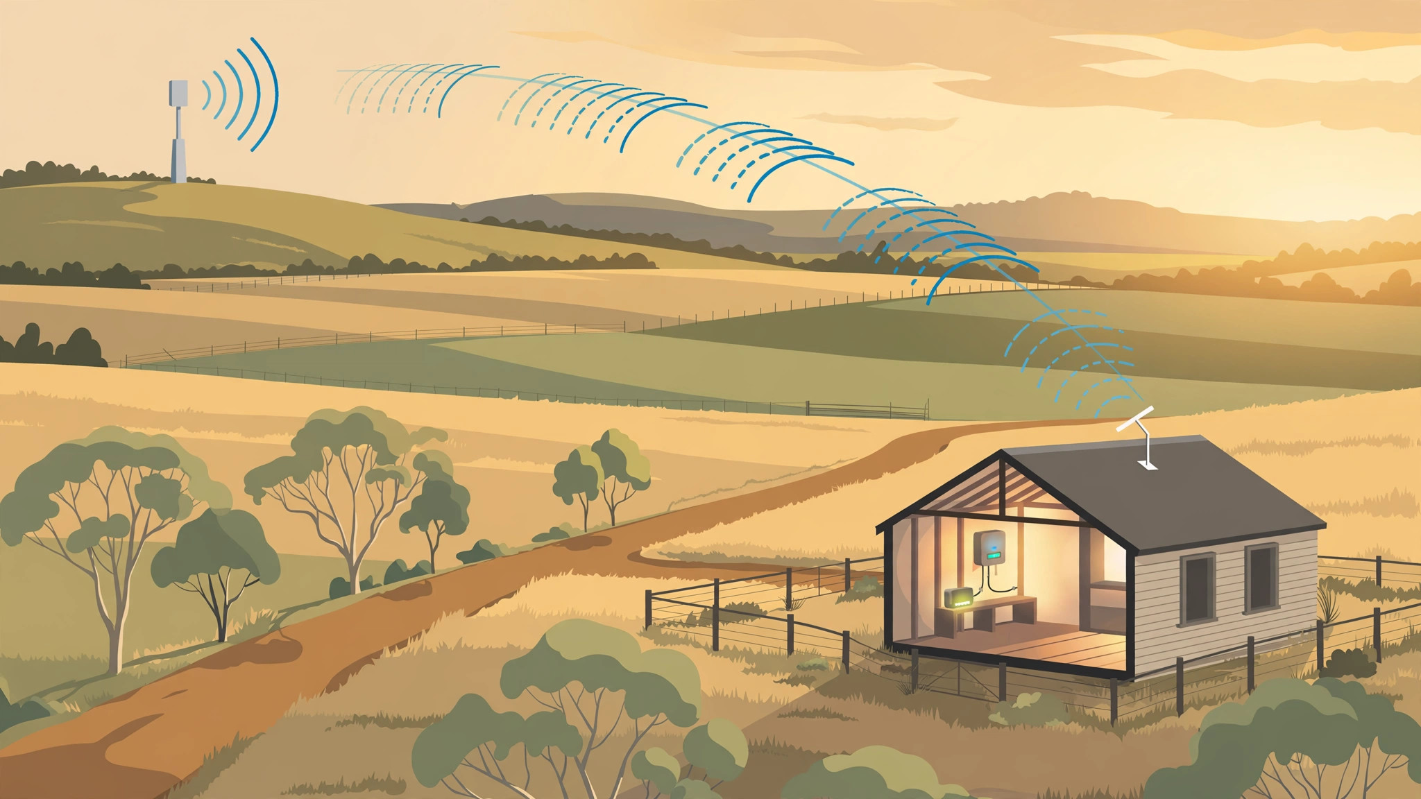 Illustration of an NBN fixed wireless tower on a hill beaming radio signal waves to a rural home with a roof antenna, rolling paddocks and gum trees in warm late-afternoon light