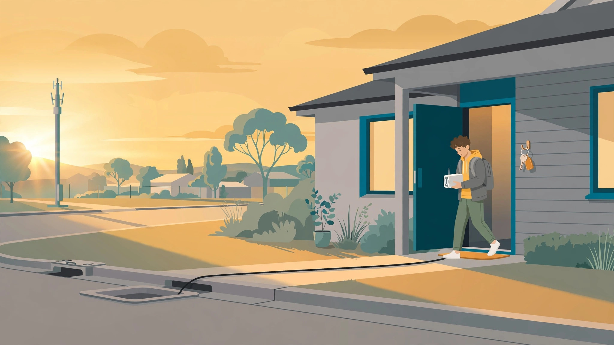 Illustration of a renter carrying a modem box into a rental home at golden hour, with a fibre cable running to a streetside NBN pit and a 5G tower in the distance