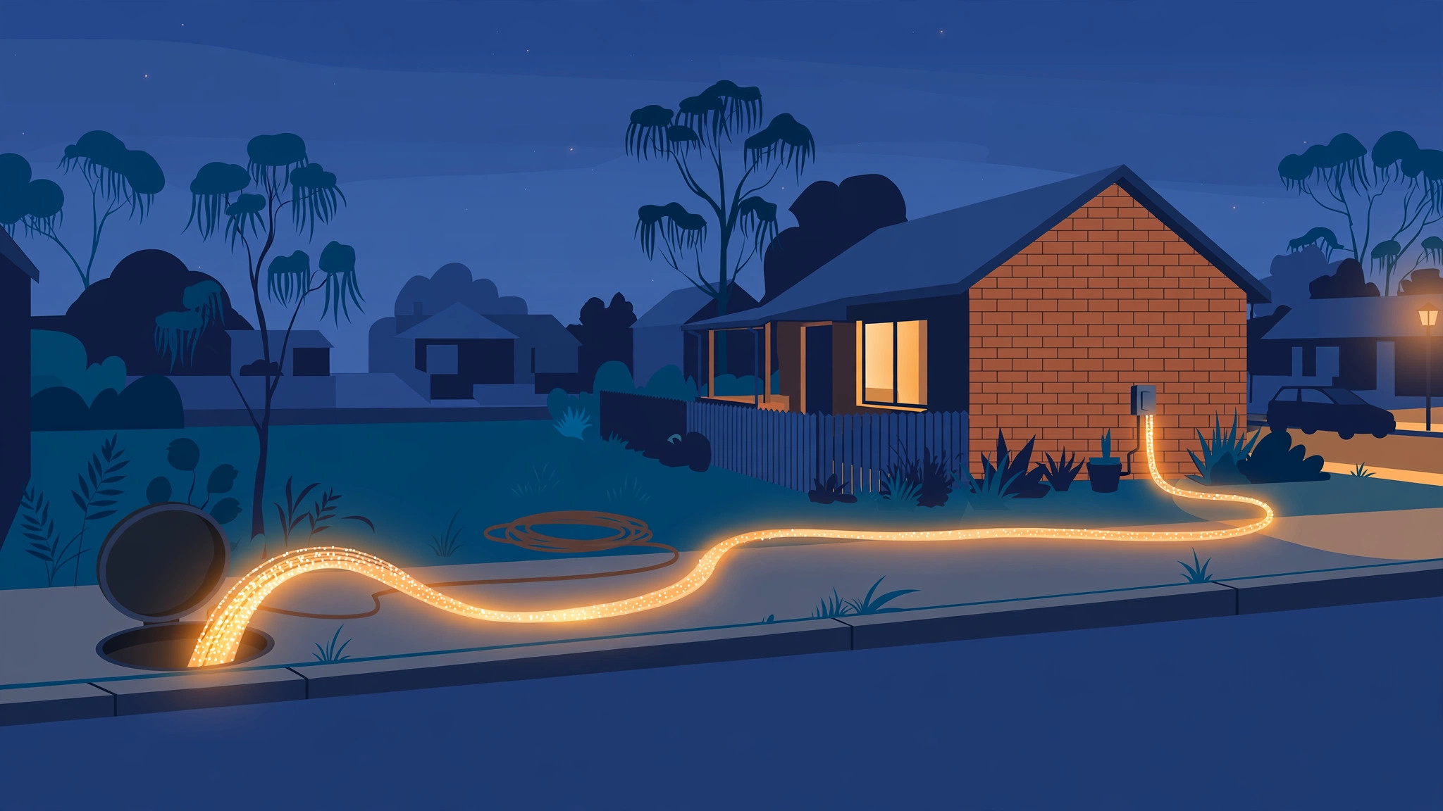Illustration of a fibre-optic line running from the street into an Australian home for an NBN FTTP upgrade