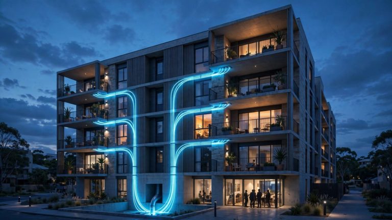 Illustration of an apartment building at dusk with a single glowing fibre-optic line arriving at the basement and branching up through the floors to each balcony, one flat's window glowing warm, and neighbours gathered in the lobby