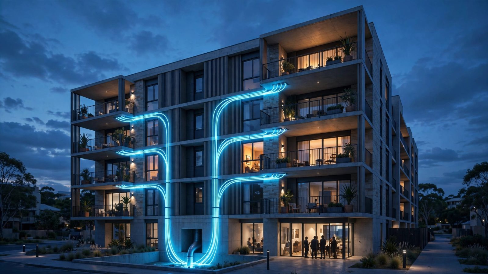 Illustration of an apartment building at dusk with a single glowing fibre-optic line arriving at the basement and branching up through the floors to each balcony, one flat's window glowing warm, and neighbours gathered in the lobby