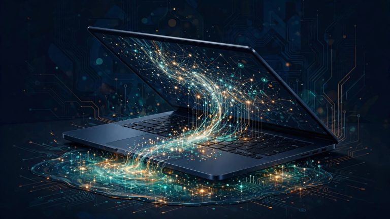 Editorial illustration of a sleek modern laptop half-open at a three-quarter angle, glowing neural-network circuitry flowing from the screen into a luminous shared memory pool beneath the keyboard, deep navy with teal and amber accents