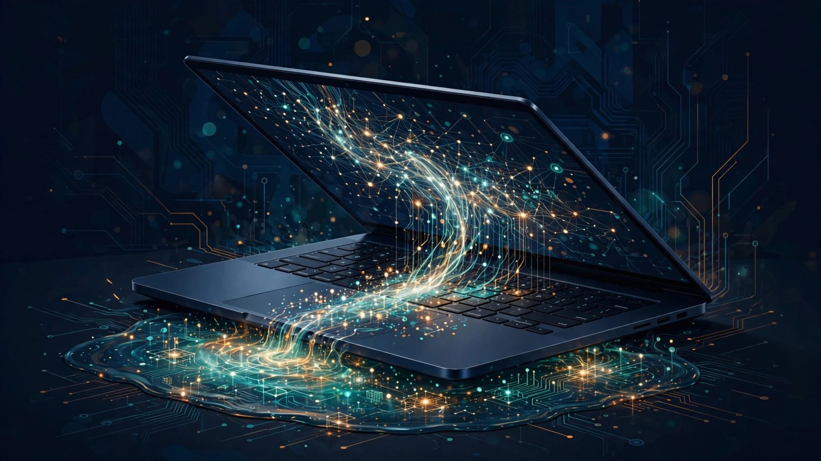 Editorial illustration of a sleek modern laptop half-open at a three-quarter angle, glowing neural-network circuitry flowing from the screen into a luminous shared memory pool beneath the keyboard, deep navy with teal and amber accents