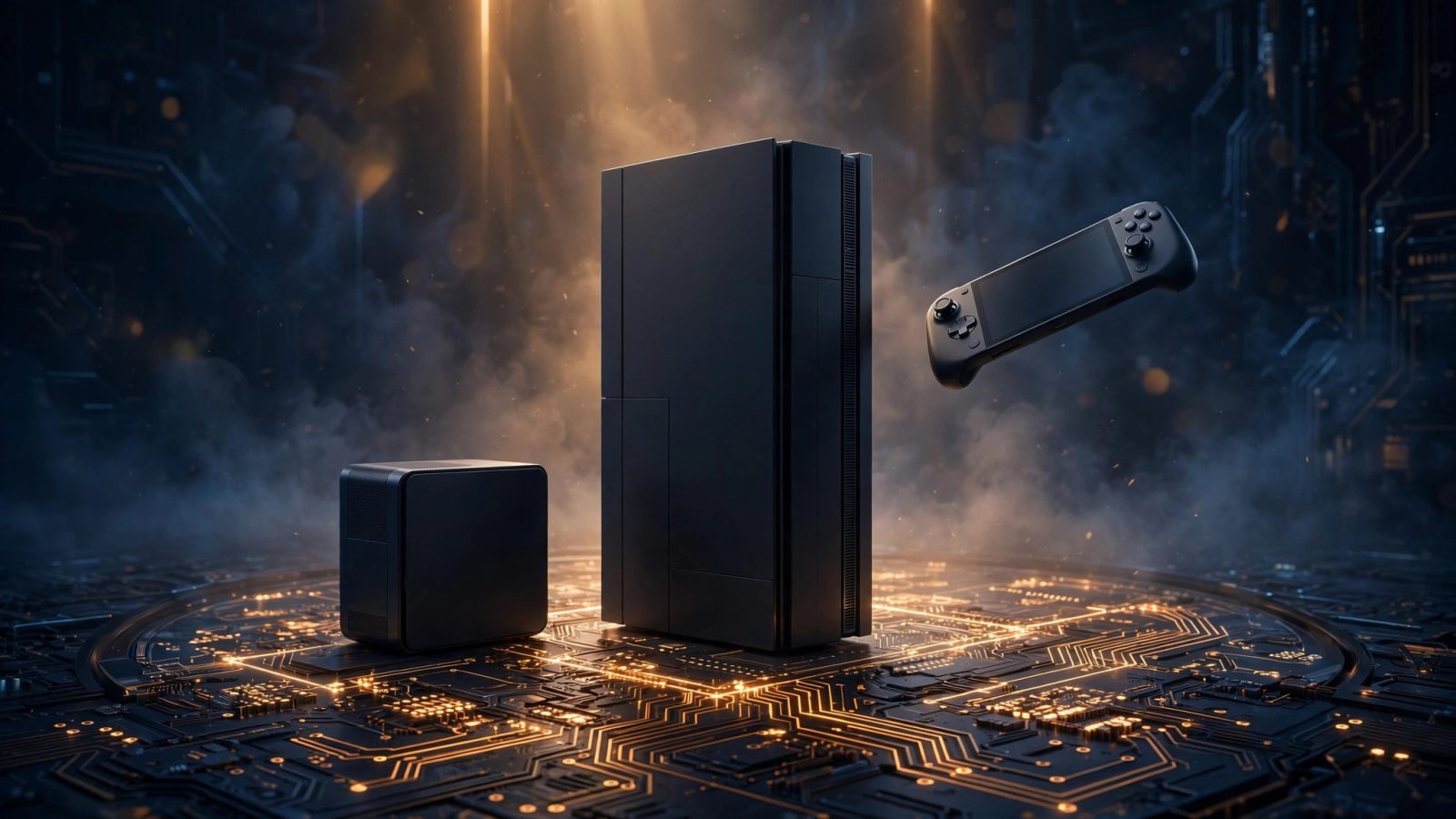 Abstract next-generation game console concept illustration: a sleek dark monolithic console silhouette flanked by a smaller compact box and a slim handheld device floating above a glowing circuit-etched platform, deep navy and amber tones