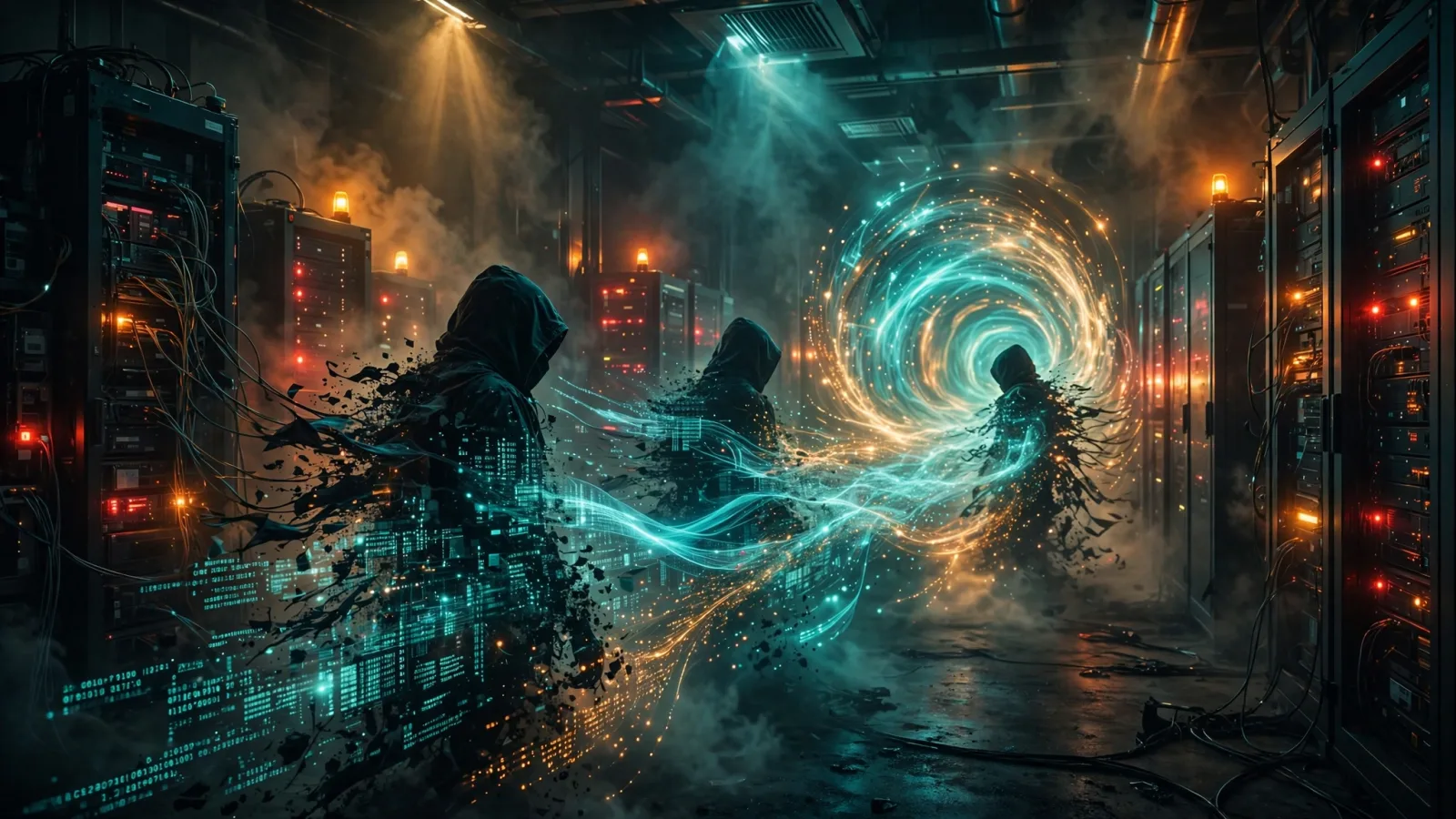 Original illustration: a dark server room where shadowy hooded figures dissolve into streams of encrypted data flowing through a glowing VPN tunnel, red warning lights on backup servers behind, teal-and-amber cinematic grade
