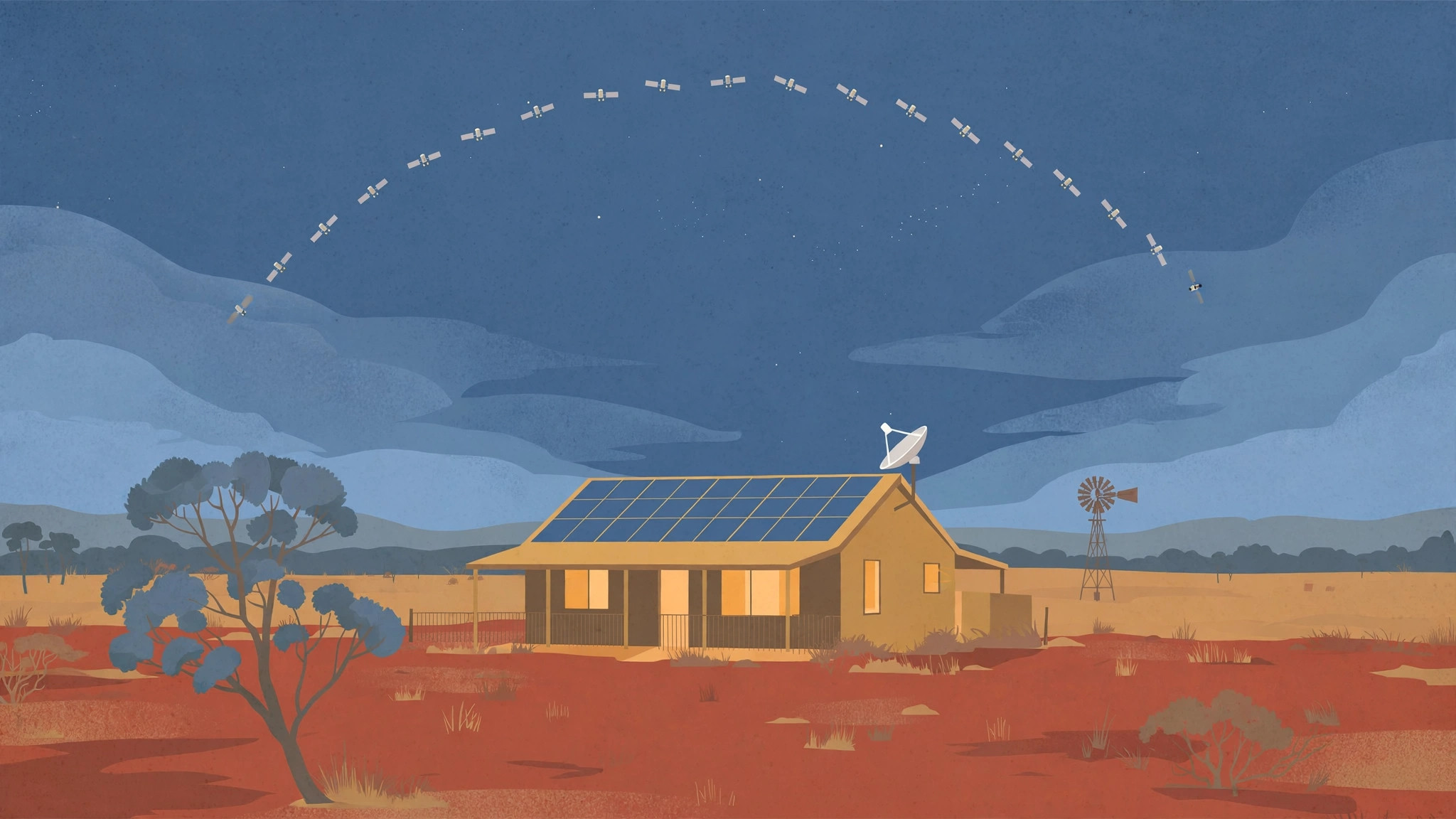 Illustration of a rural Australian homestead at dusk with a satellite dish pointing at low-orbit satellites crossing the twilight sky