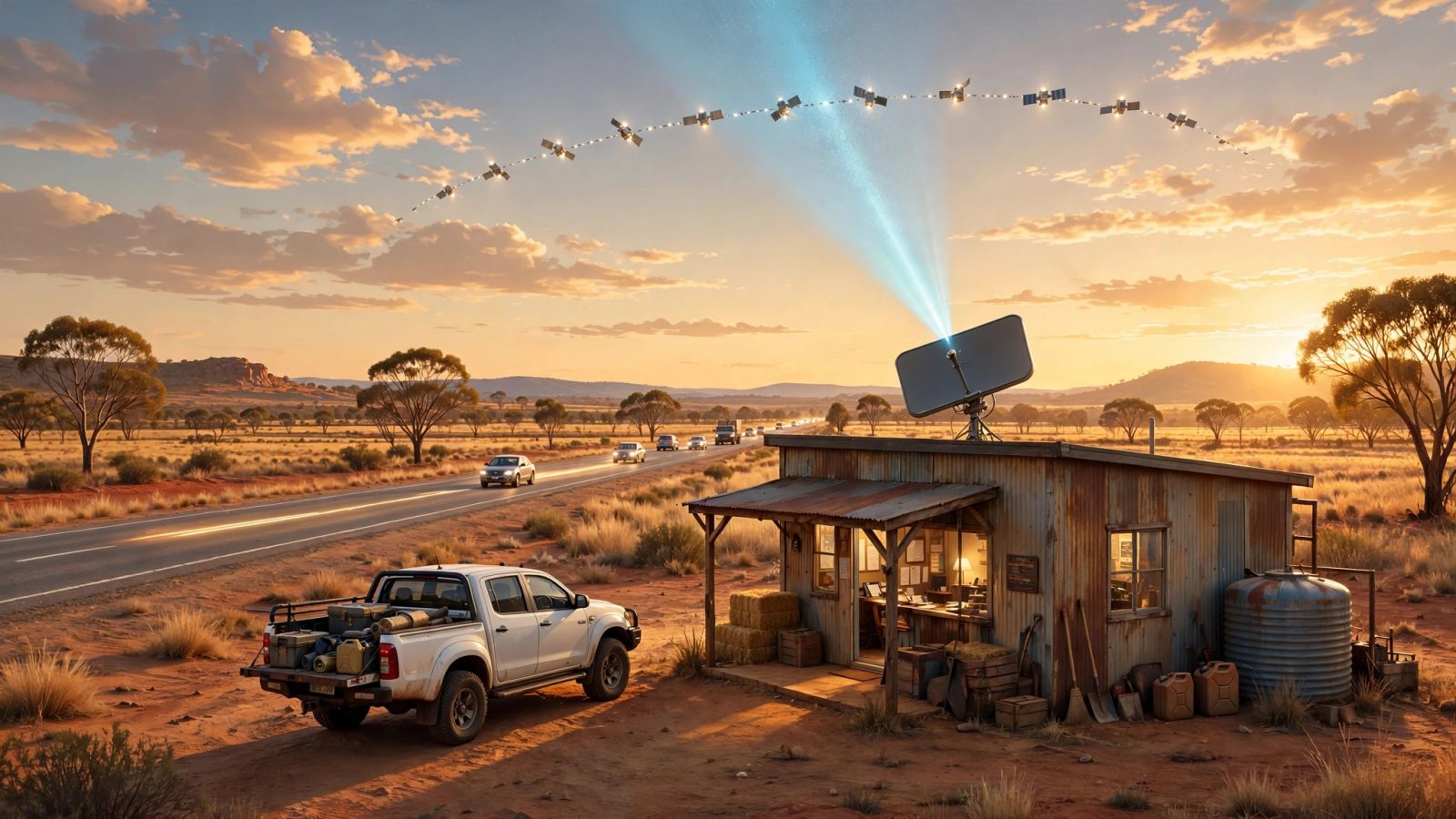 Illustration of a remote Australian roadhouse office at golden hour with a flat-panel satellite dish on the roof beaming to a chain of low-orbit satellites