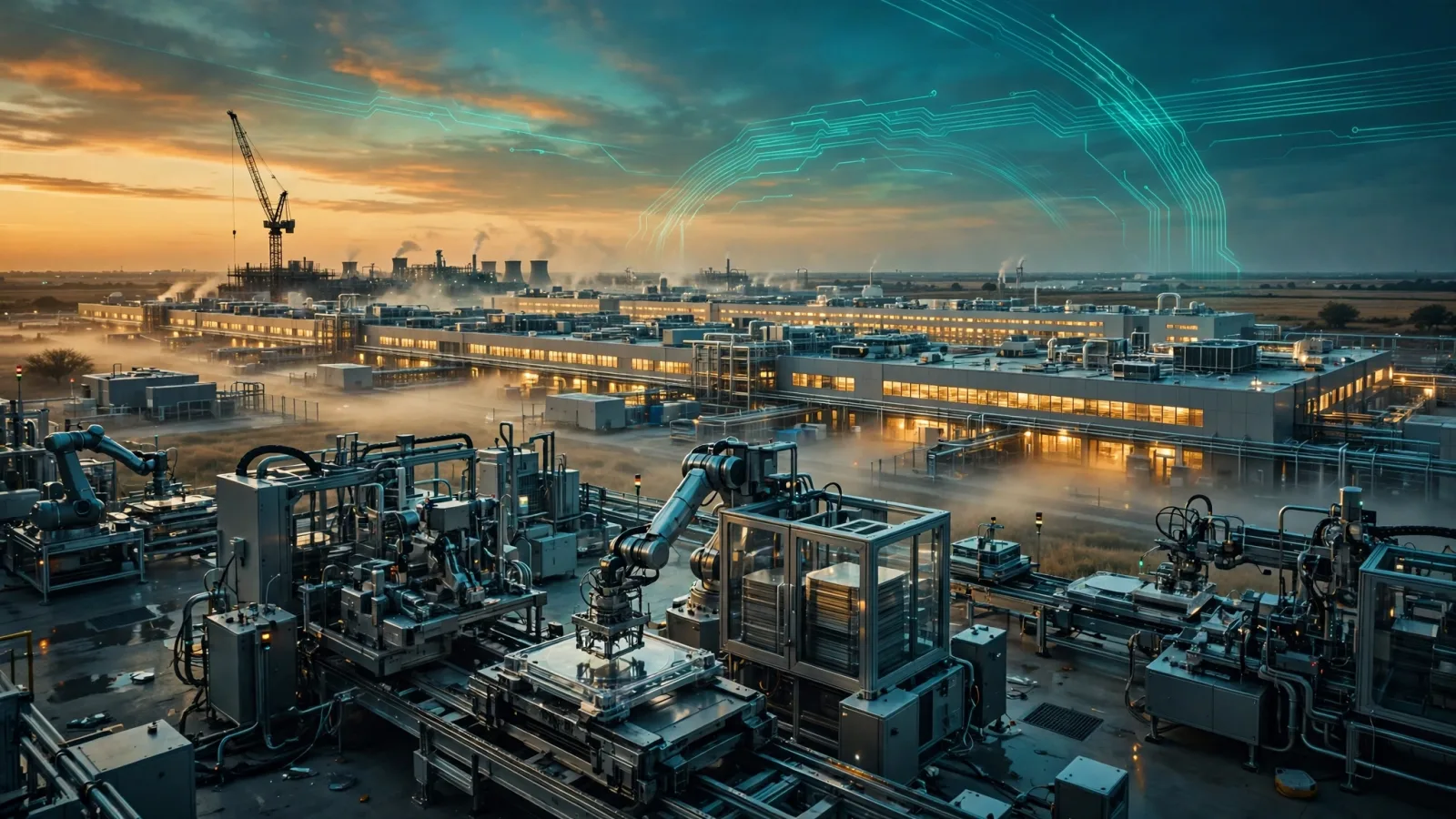 Original illustration: semiconductor fab complex at dusk in Texas, crane silhouetted against an amber sky, wafer-handling robots in the foreground, teal circuit traces arcing across the sky, teal and amber grade