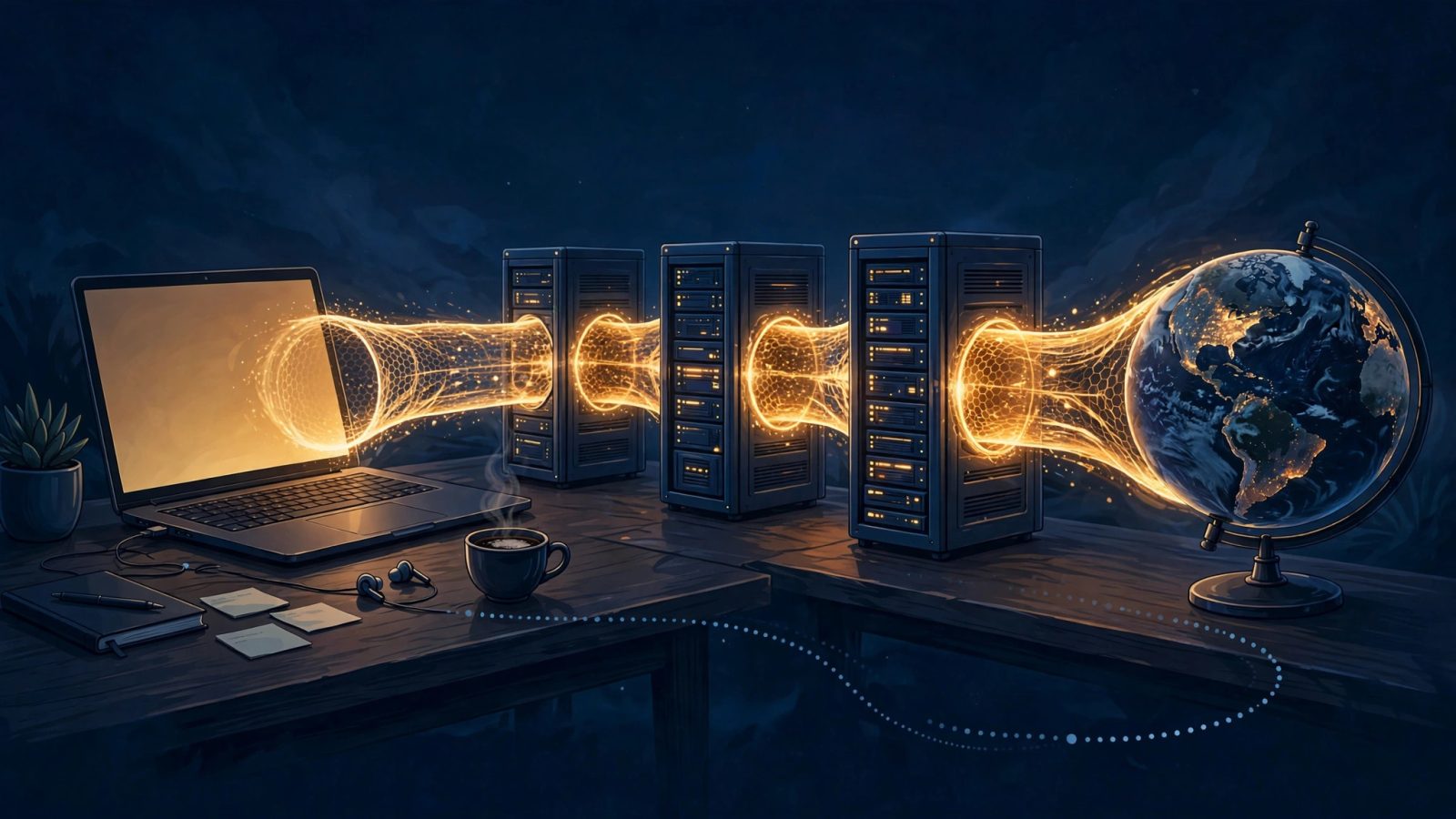 Illustration of a laptop at night with its connection shown as a glowing tunnel running through servers to a globe, with a faint dotted path showing the unprotected route