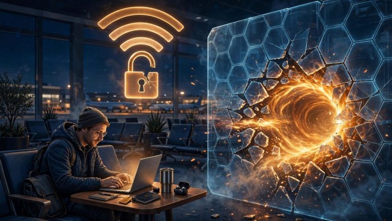 Illustration of a traveller with a laptop in an airport lounge, a Wi-Fi symbol with a half-open padlock overhead, and a glowing tunnel punching through a translucent firewall wall