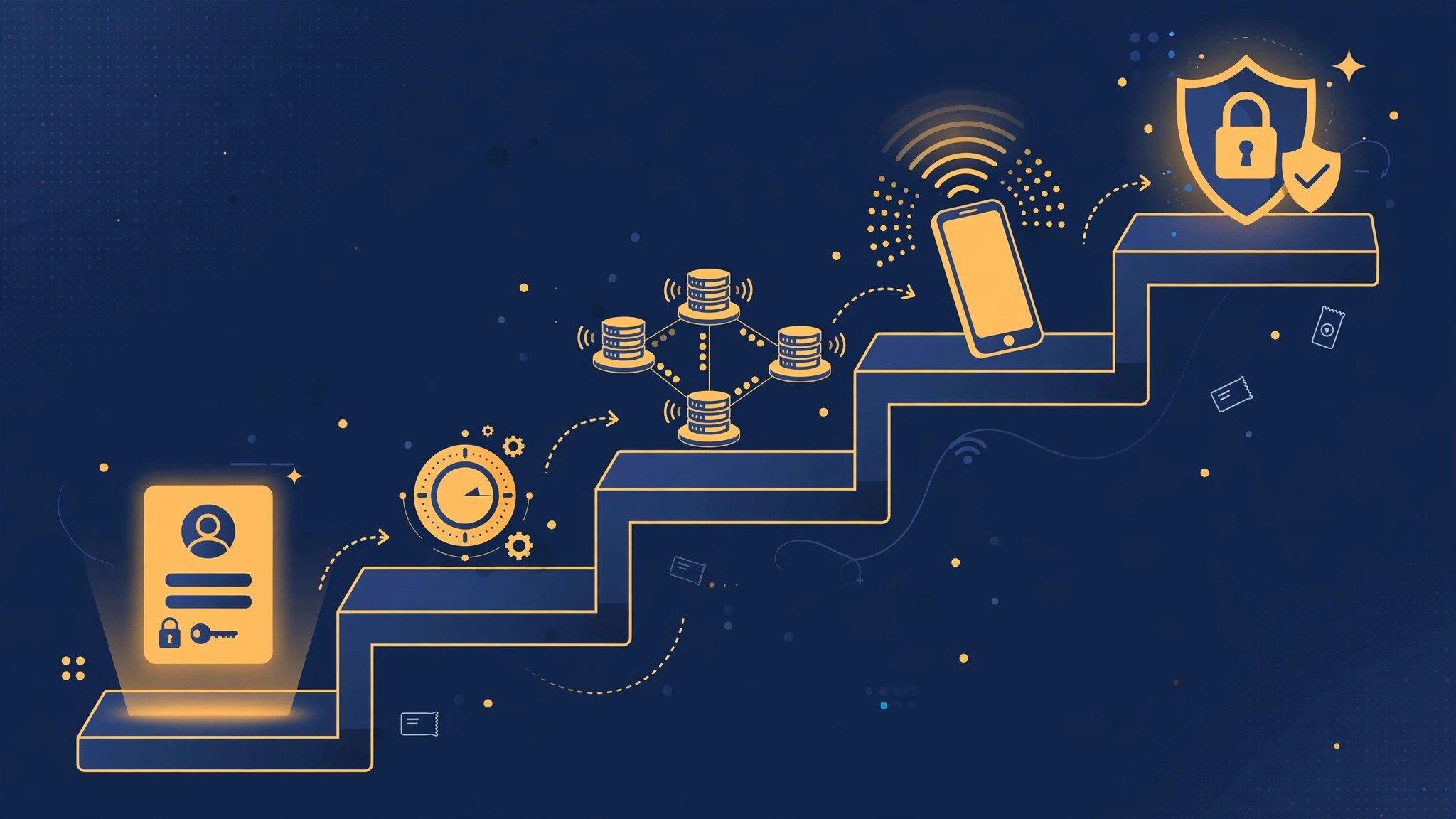 Illustration of a five-step staircase for fixing a VPN on public Wi-Fi: portal login, protocol switch, server switch, phone hotspot, and a shield with a lock