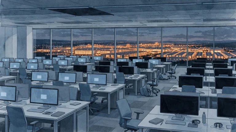 Original editorial illustration of a wide modern office floor at dusk, rows of desks with a minority of chairs pushed back and monitors dark while most remain lit, a large window showing a data center glowing on the horizon, muted blue-grey palette with one warm amber accent