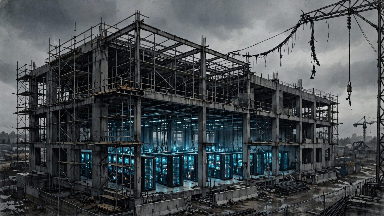 Original editorial illustration of a half-built AI data center with dark unpowered server halls and a disconnected high-voltage power line against a gray sky