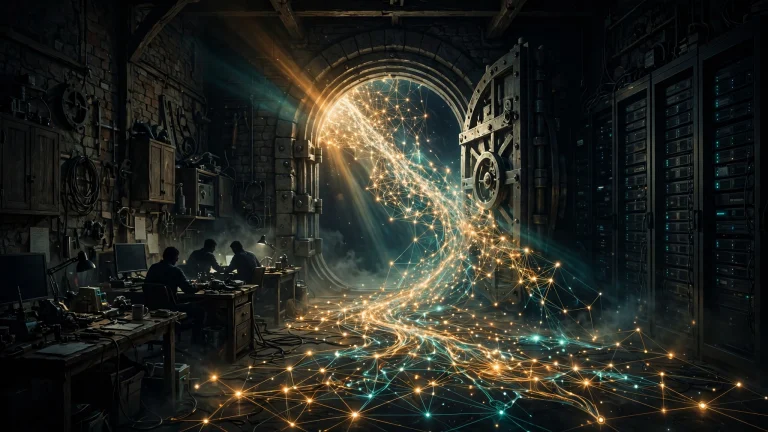 Original editorial illustration of a dark European workshop at night, a large open vault door with a glowing amber-and-teal network map spilling out of it, silhouetted engineers at desks on one side and a dim server wall on the other