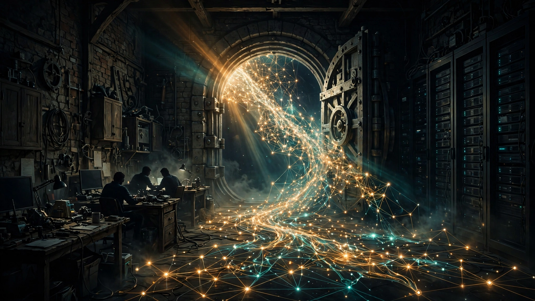 Original editorial illustration of a dark European workshop at night, a large open vault door with a glowing amber-and-teal network map spilling out of it, silhouetted engineers at desks on one side and a dim server wall on the other