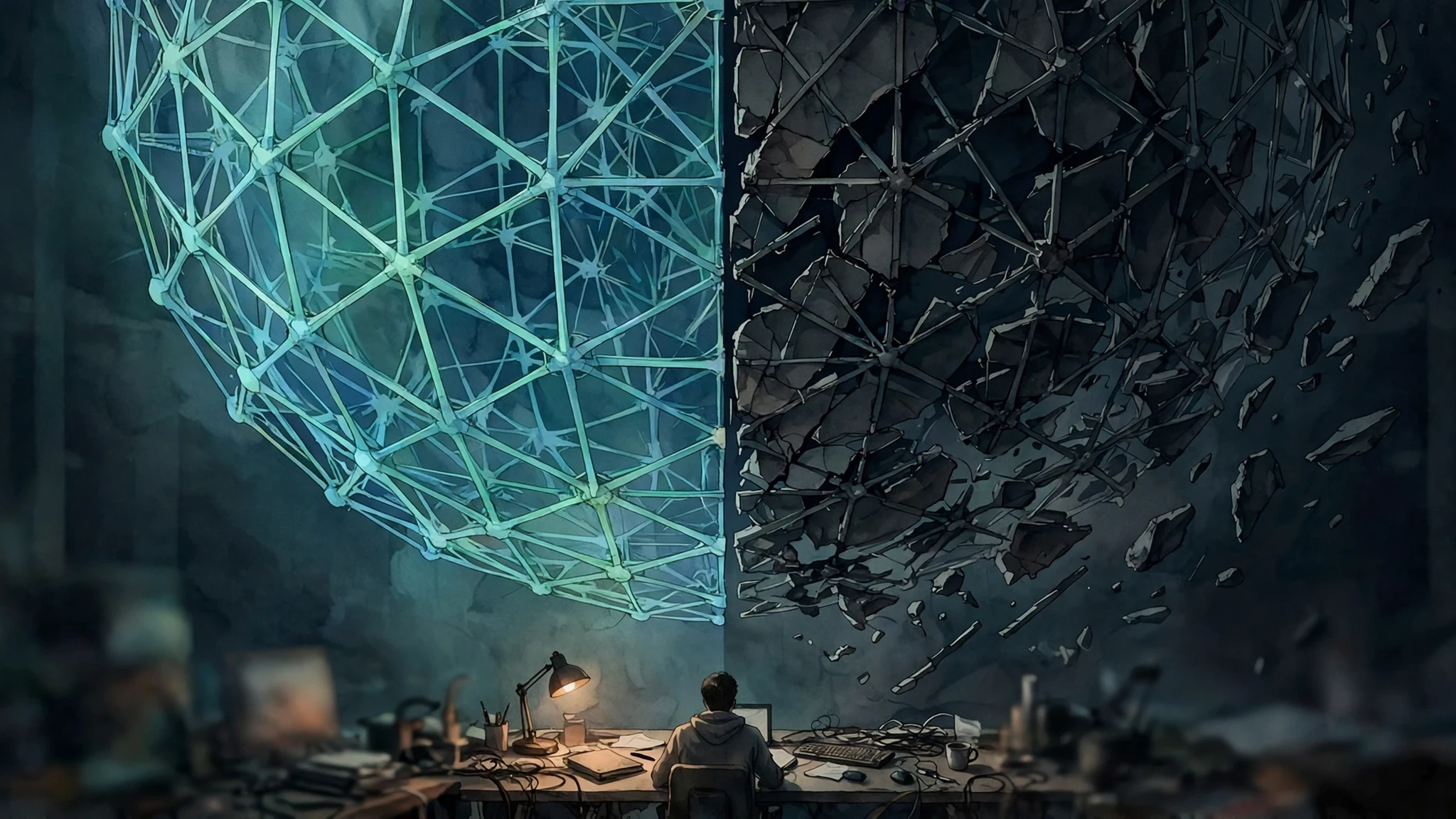 Illustration: a glowing lattice model core split in two, one side orderly blue-green, the other dimmed and fragmented, with a silhouetted figure looking up