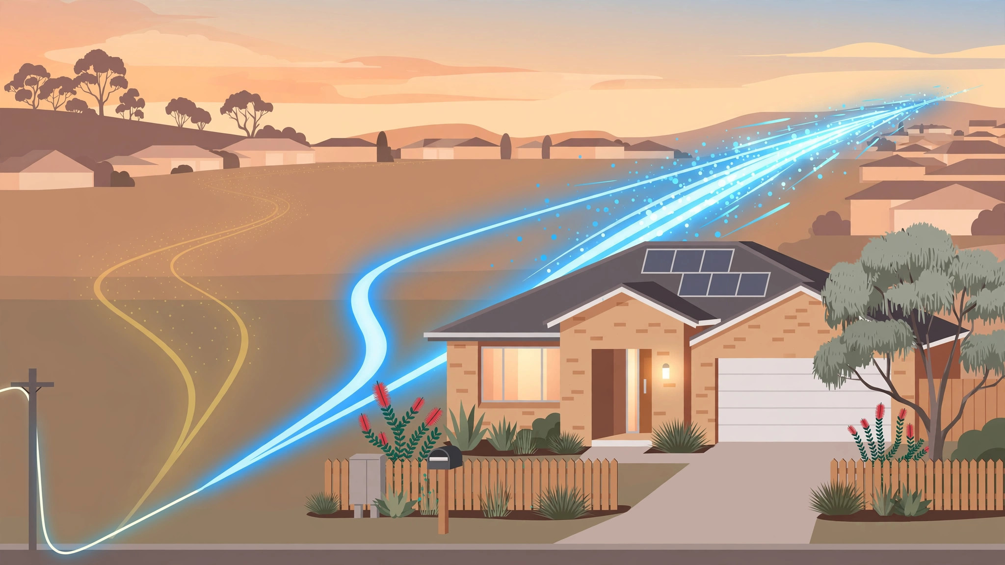Illustration of a suburban home with a fibre line splitting into a fast lane and a slower lane left behind