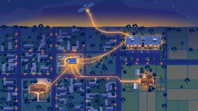 Illustration of an Australian suburb at dusk seen from above, with glowing fibre-optic lines running from a small exchange building out to a house, an apartment block and a farmhouse, and one line rising from a rooftop dish to a satellite in the twilight sky