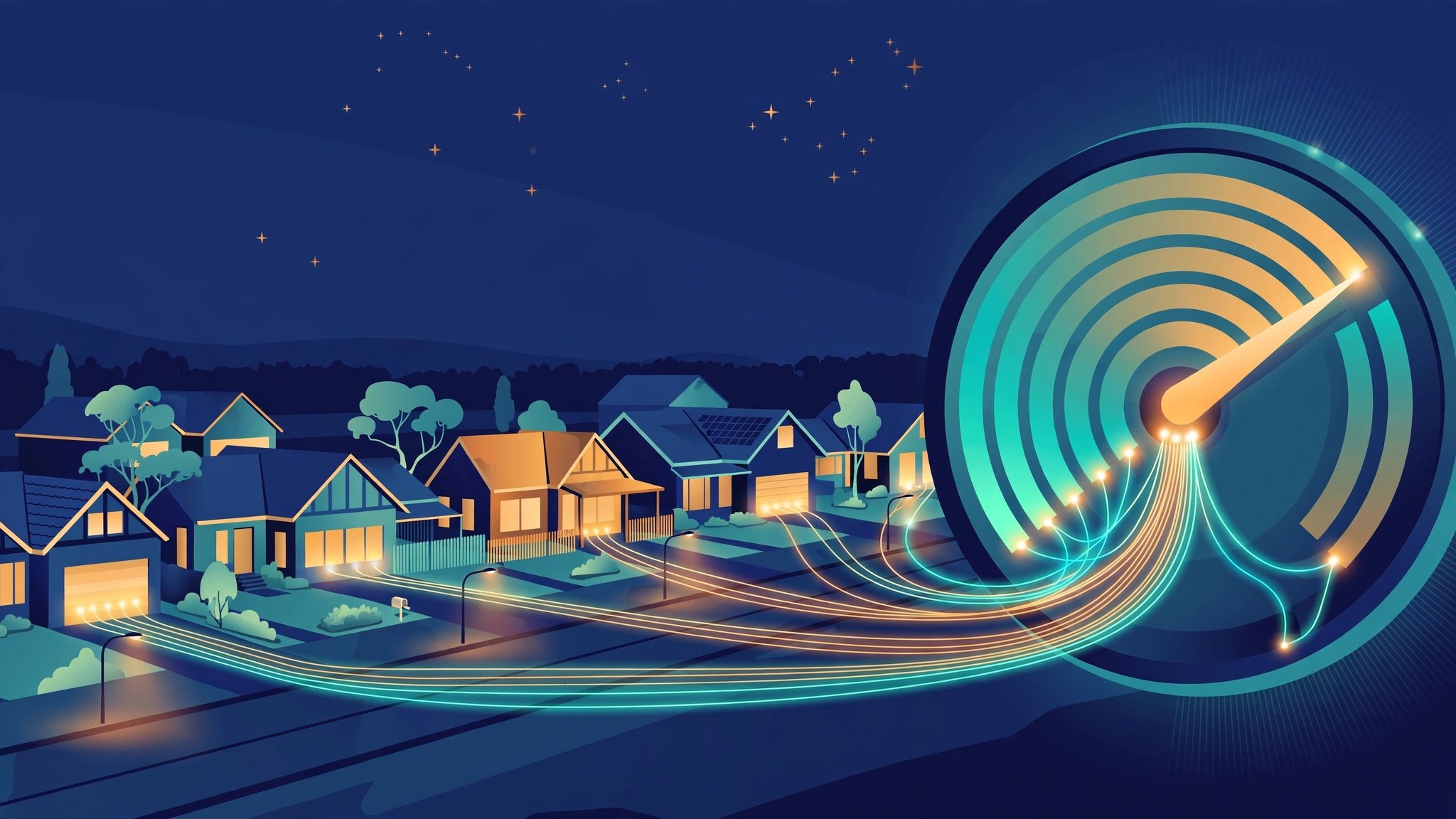 Illustration of Australian suburban homes connected by glowing fibre-optic lines to a large speed gauge, representing NBN internet speed tiers