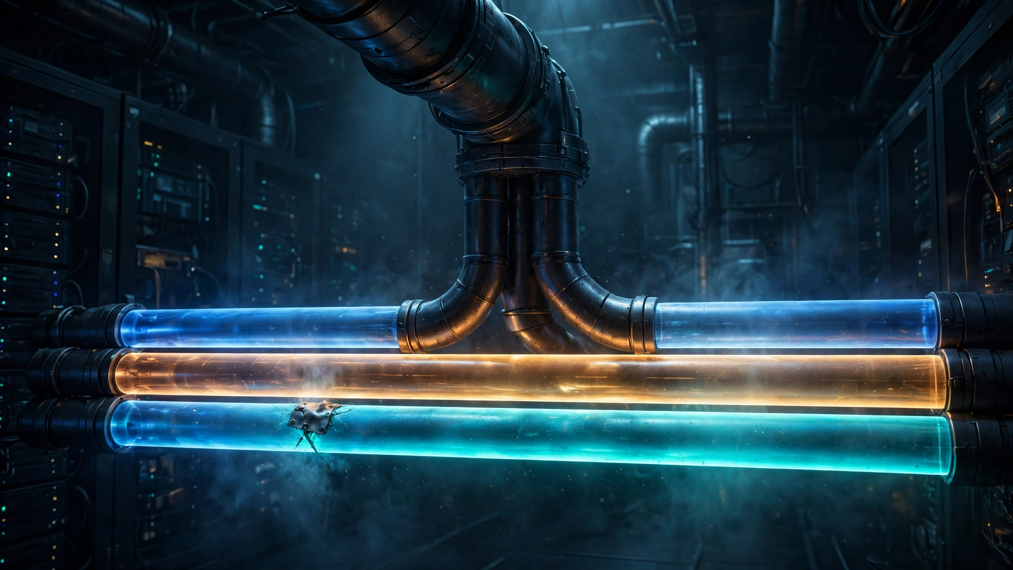 Original editorial illustration of a dark server room where one glowing compression pipeline splits into three parallel colour-coded pipes — blue, amber, and cyan — with the cyan pipe newly lit and a small patch seal closing over a crack in it