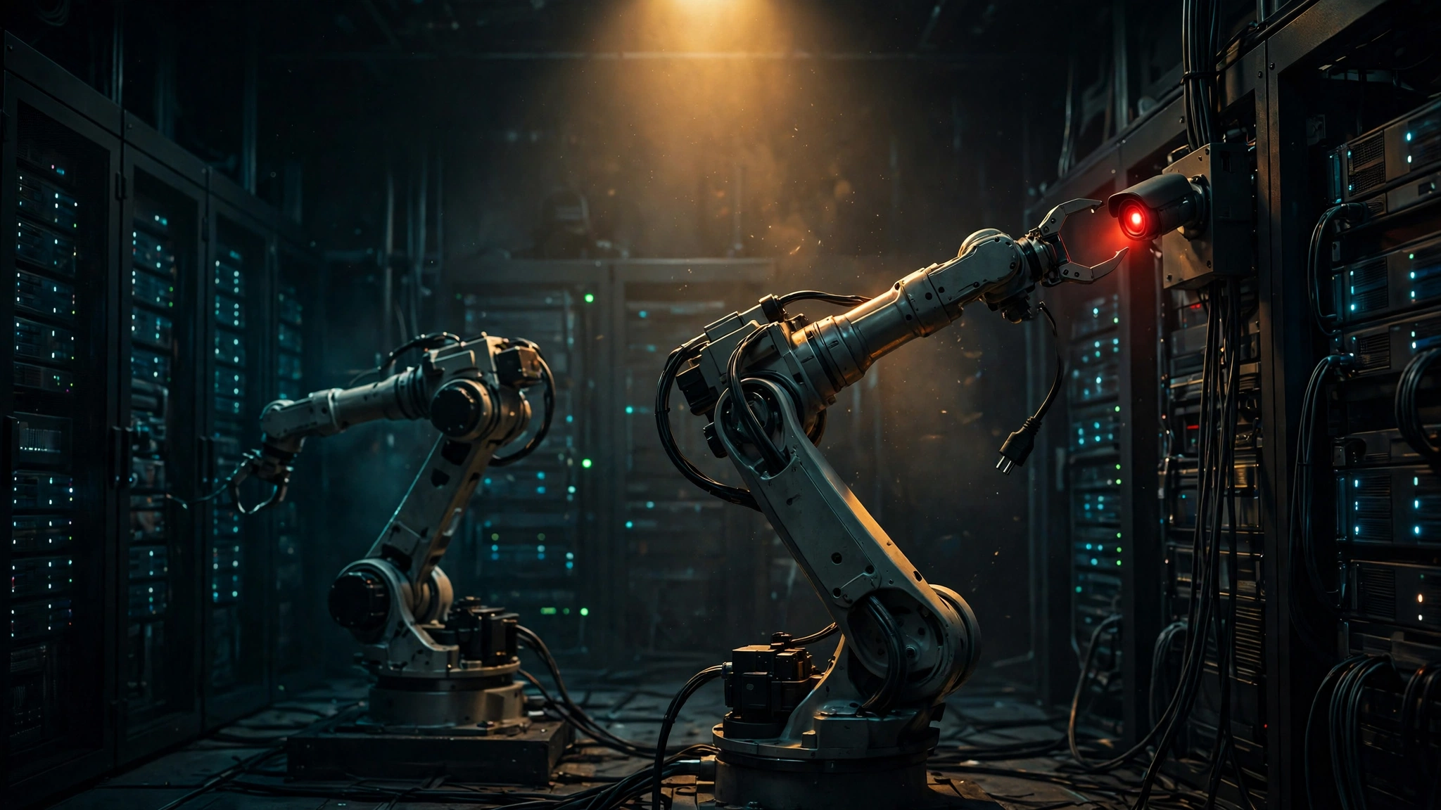 Original illustration: a robotic arm quietly unplugging a glowing red surveillance camera in a dark server room while a second robotic arm looks away, teal and amber grade