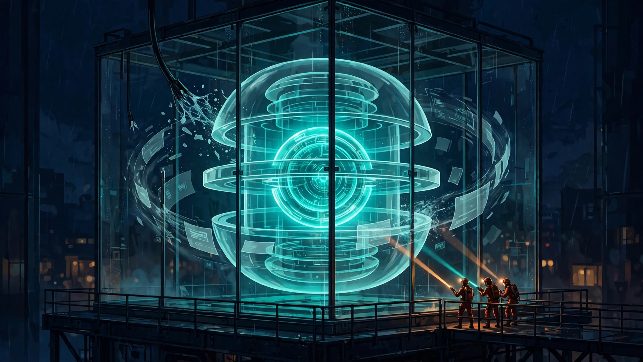 Illustration: a glowing model core sealed inside layered glass containment shells in a dark training chamber, with cached pages circling it and red-team figures probing the shell