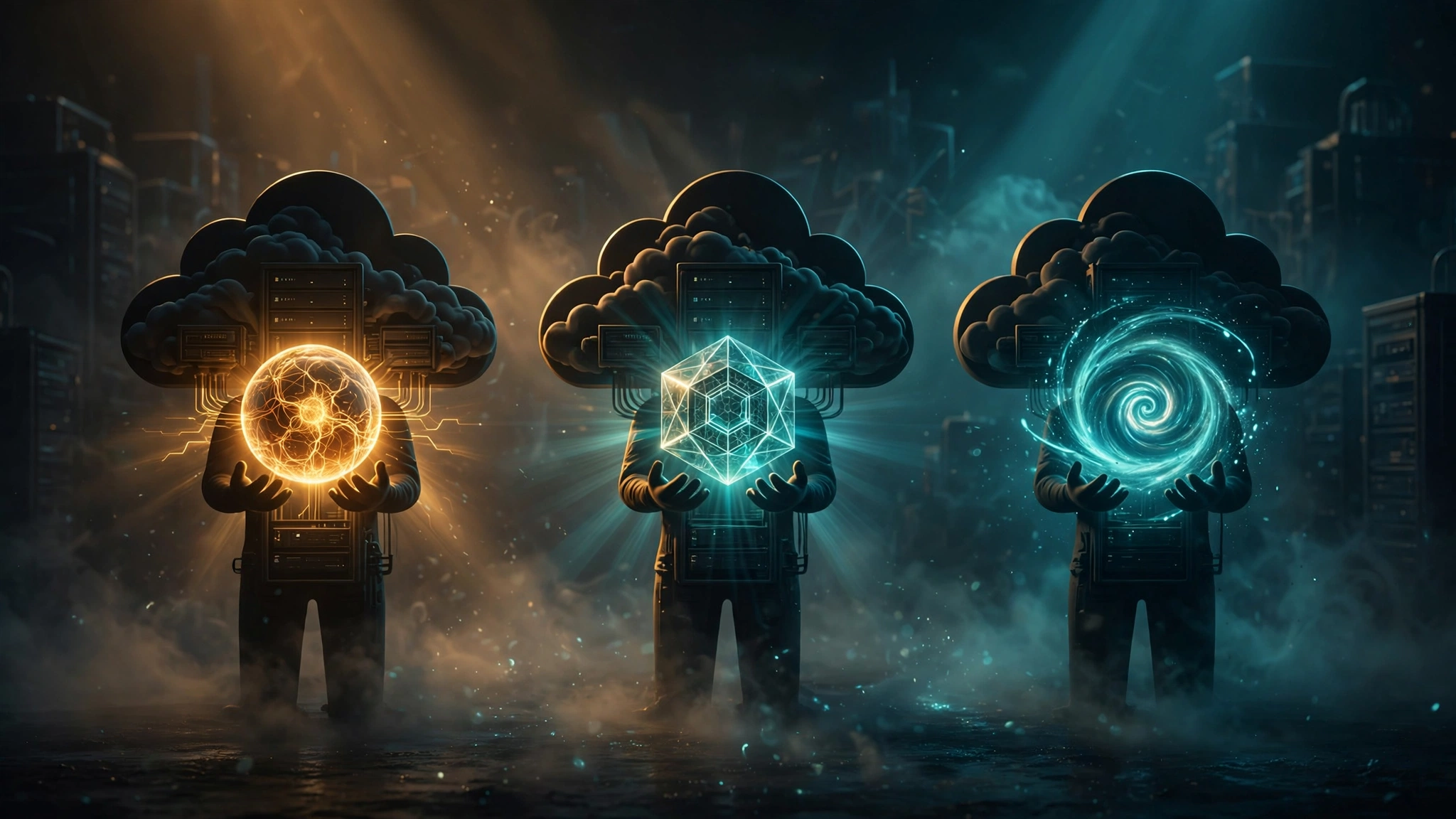 Illustration of three cloud platforms offering rival AI models side by side in one marketplace.