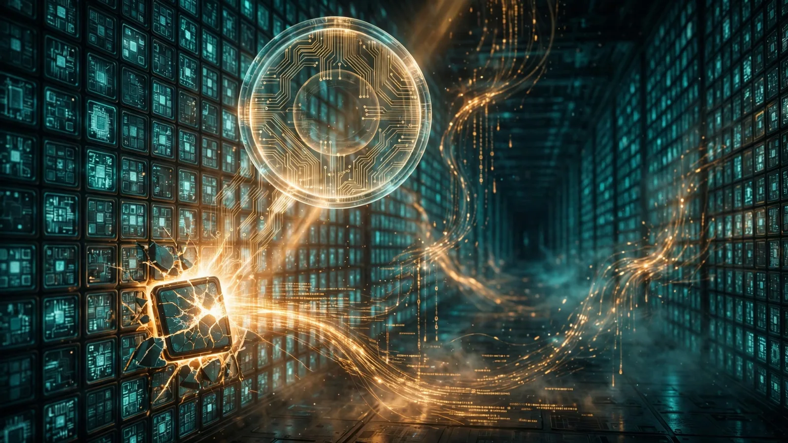 Original illustration: a dark server corridor of glowing memory-cell grids; one foreground cell cracked open, leaking amber light and code-like streams; a translucent circuit-light magnifying lens hovers over the crack, teal-and-amber cinematic grade