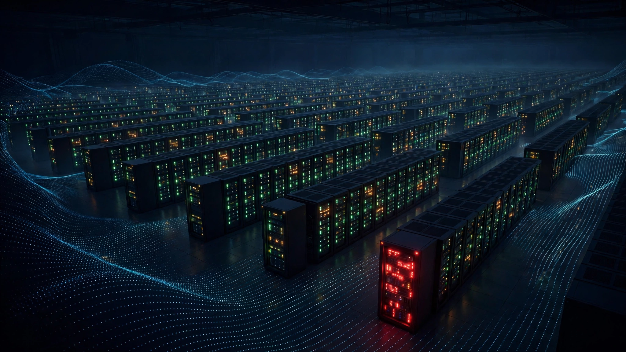 Illustration: a vast nighttime server hall with one foreground rack glowing red among green racks, as dotted probe lines sweep across the floor