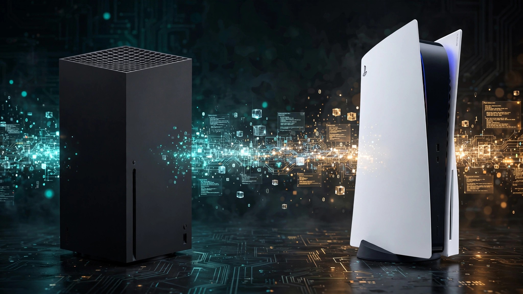 Original editorial illustration of an Xbox Series X and a PlayStation 5 side by side with a glowing stream of translating data between them, dark teal-and-amber tech-editorial style