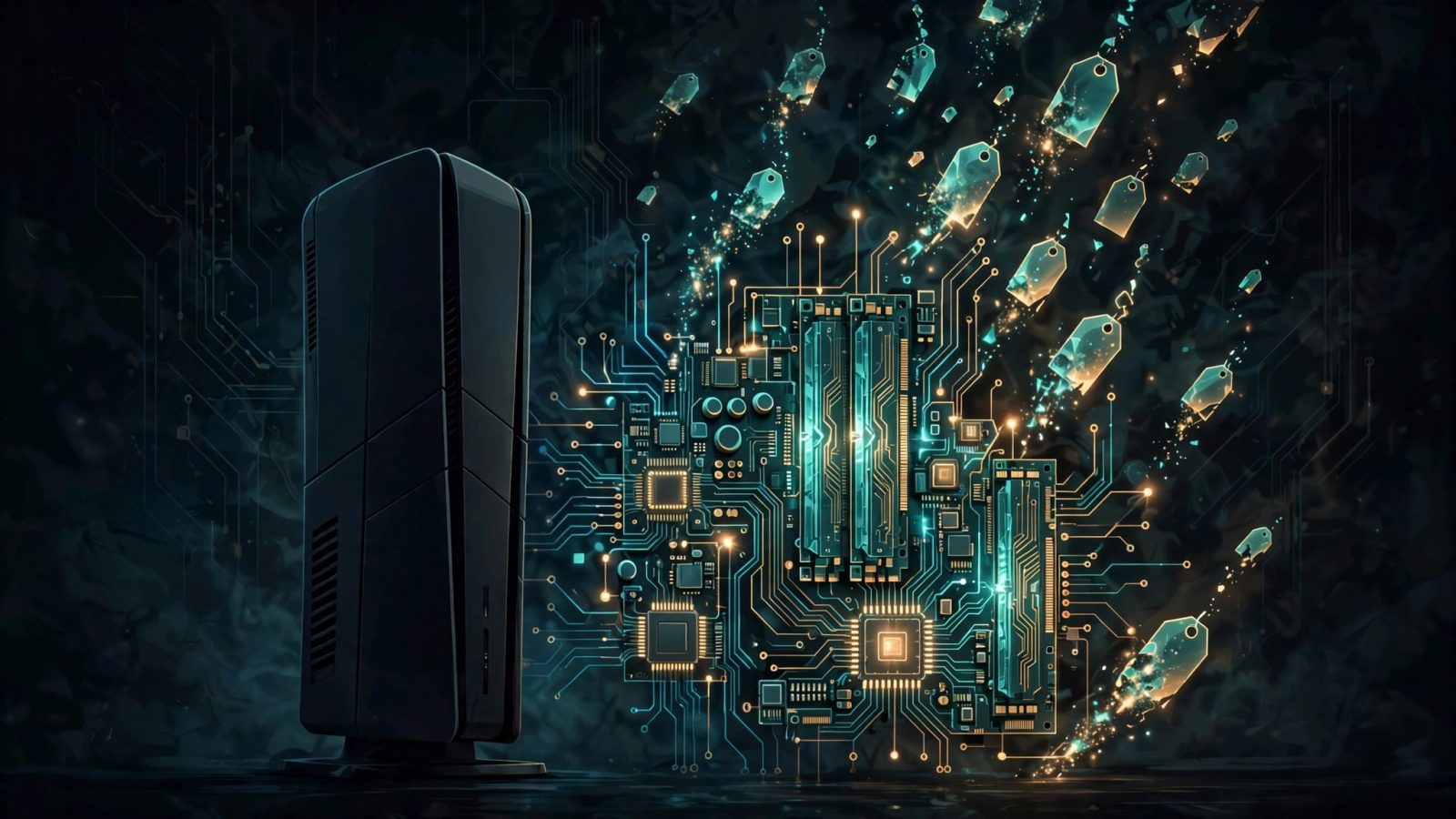 Original editorial illustration of a dark next-gen console silhouette beside a glowing RAM circuit motif with rising price-tag light shards, teal-and-amber tech-editorial style