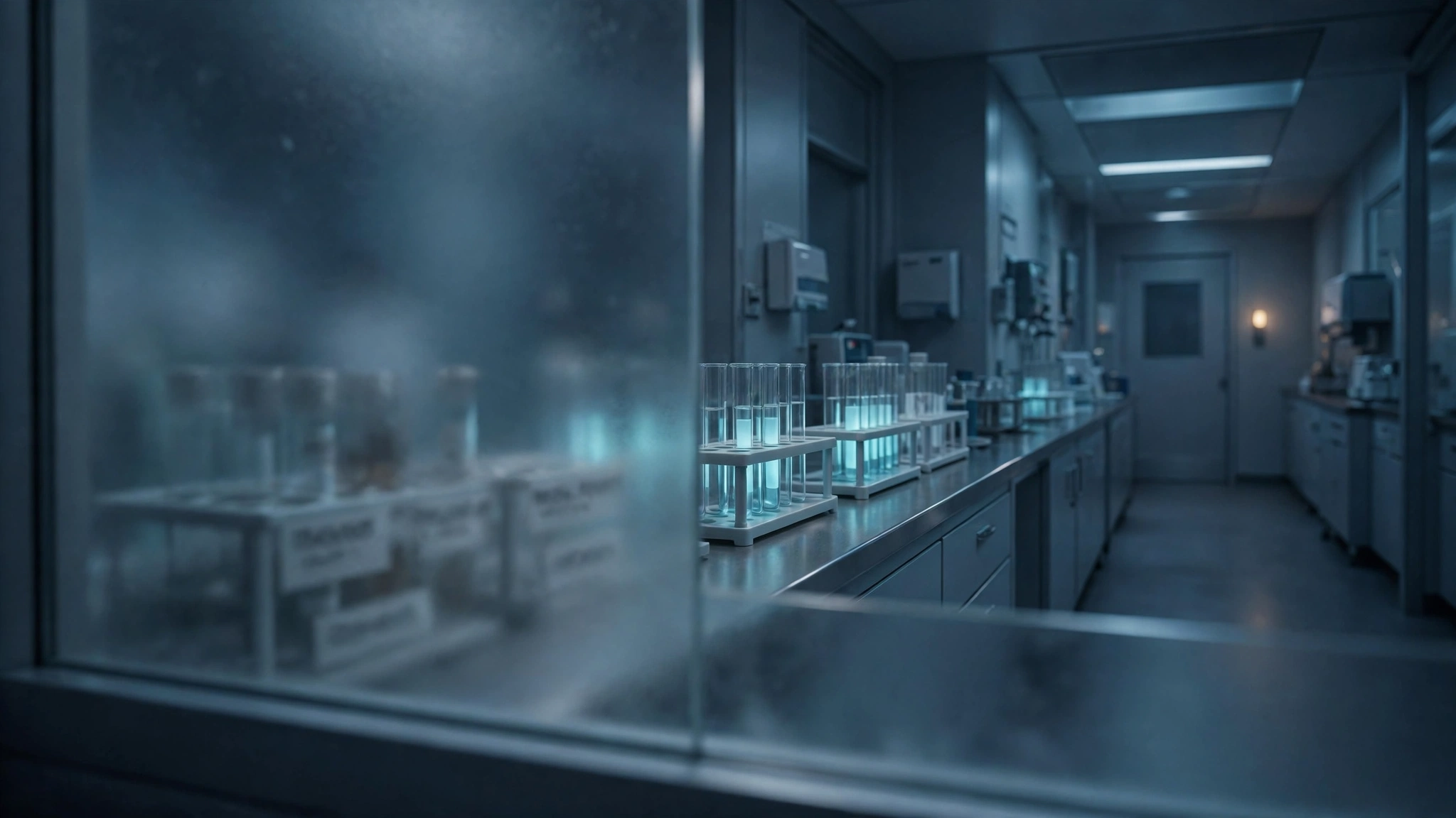 Original editorial illustration of a quiet clinical laboratory corridor at night where glowing test-tube racks stand on a bench and one rack's labels blur into unreadable smudges behind a frosted-glass panel, cool blue-grey palette with a muted amber accent