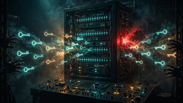 Illustration: a deployment platform control panel at night, rows of glowing key-shaped glyphs dissolving out of a server rack toward shadowed hands, one node flaring red