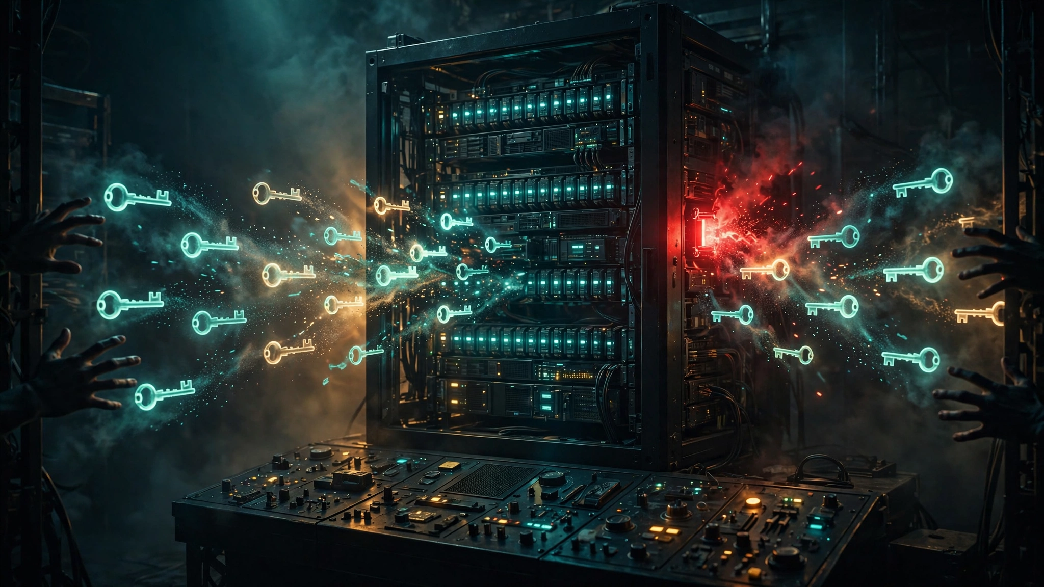 Illustration: a deployment platform control panel at night, rows of glowing key-shaped glyphs dissolving out of a server rack toward shadowed hands, one node flaring red