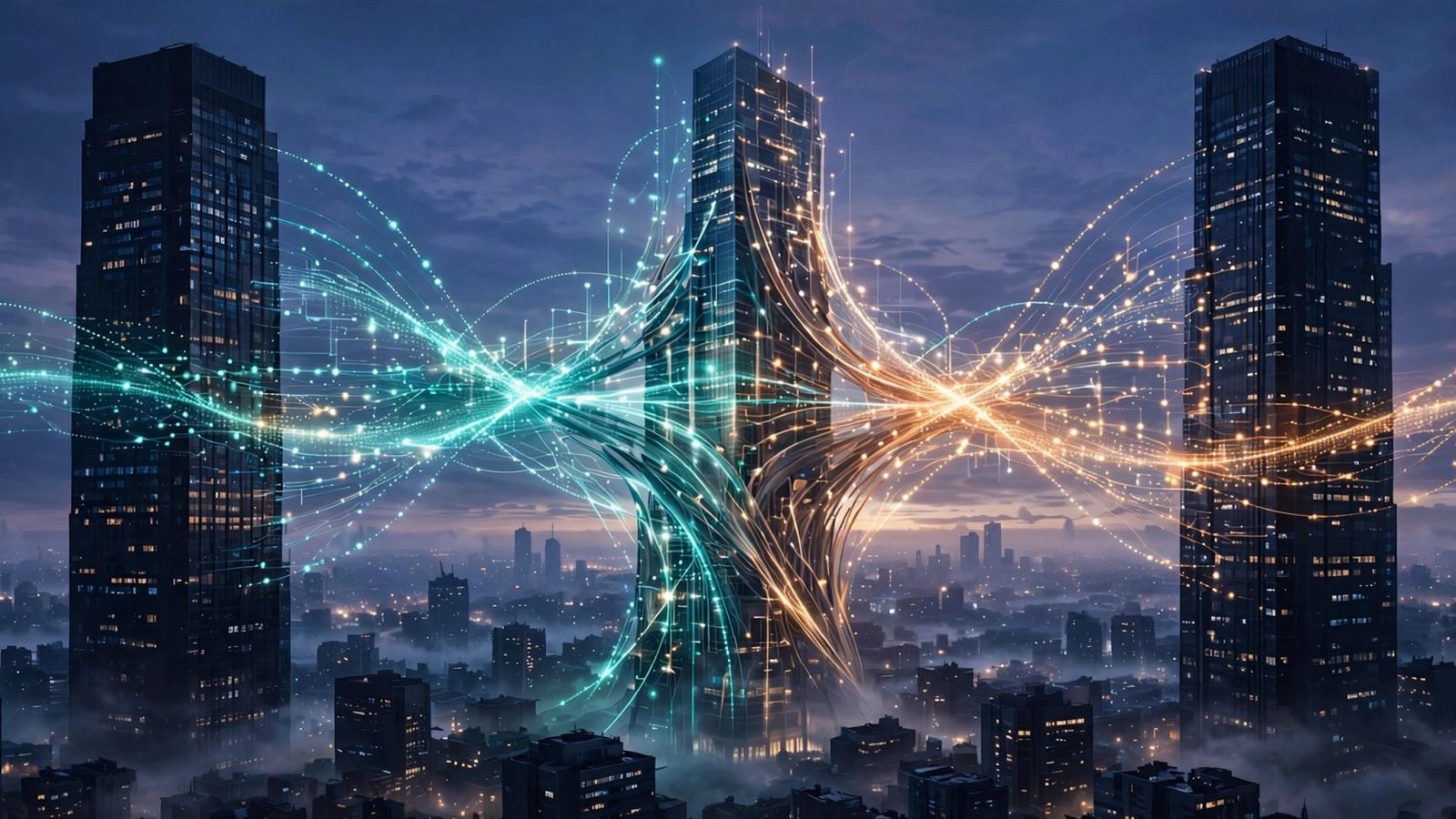 Illustration of two skyscrapers merging with a glowing data stream between them, representing the Salesforce-Braze acquisition