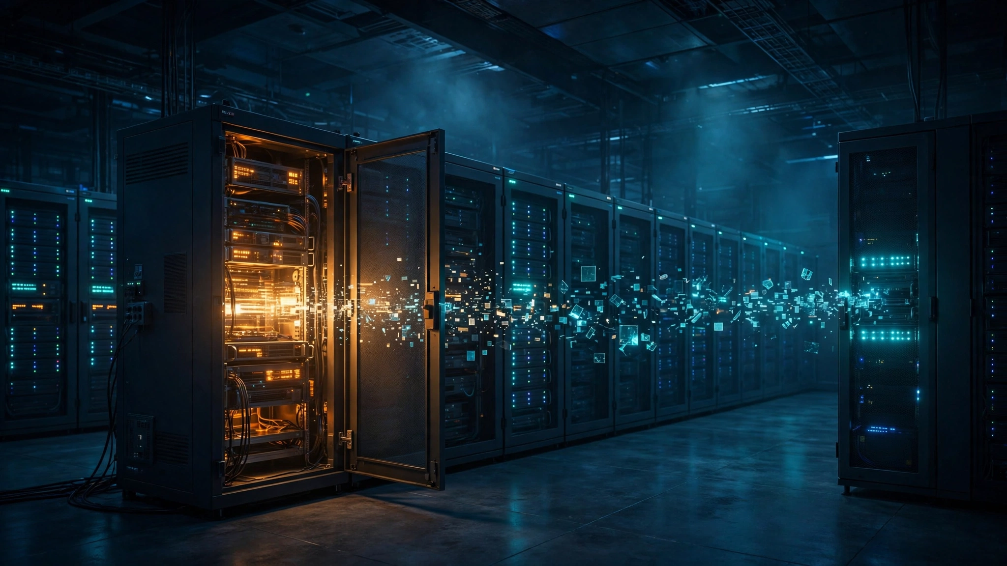 Original editorial illustration of a dark server room at night: one network cabinet stands open with warm amber light spilling out and a stream of small glowing data fragments drifting from it toward a neighbouring cabinet