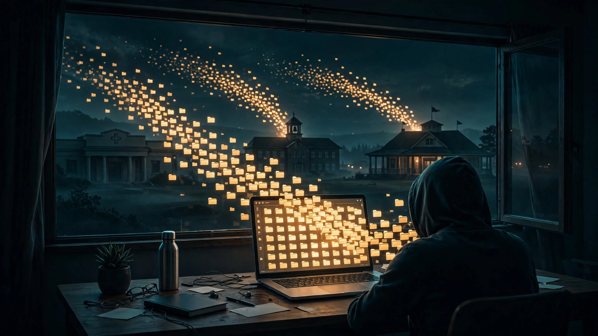 Original editorial illustration of a hooded figure at a laptop in a dark room, glowing file-folder icons streaming from the screen toward the silhouettes of ordinary buildings — a clinic, a school, a golf clubhouse — in a teal-and-amber grade